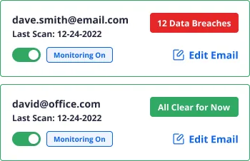 Privacy Lock monitoring status showing breached email addresses